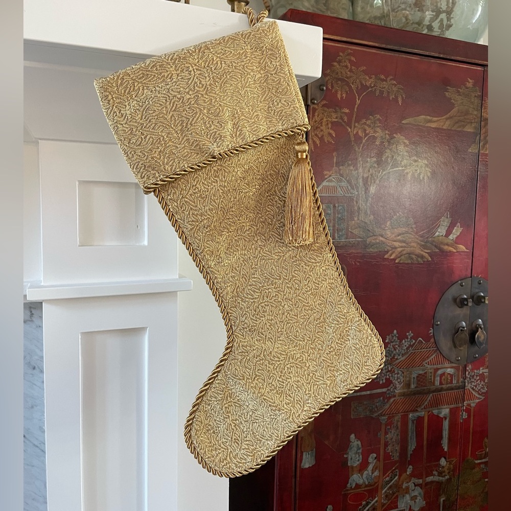 Gold Christmas Stockings Jacquard Fabric Set Of Two